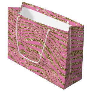 Grand Sac Cadeau Zèbre Faux Paillettes Or Rose 