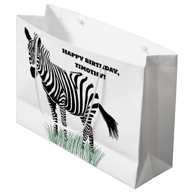 Grand Sac Cadeau Zèbre noir et blanc dans l'herbe (Devant Angle)