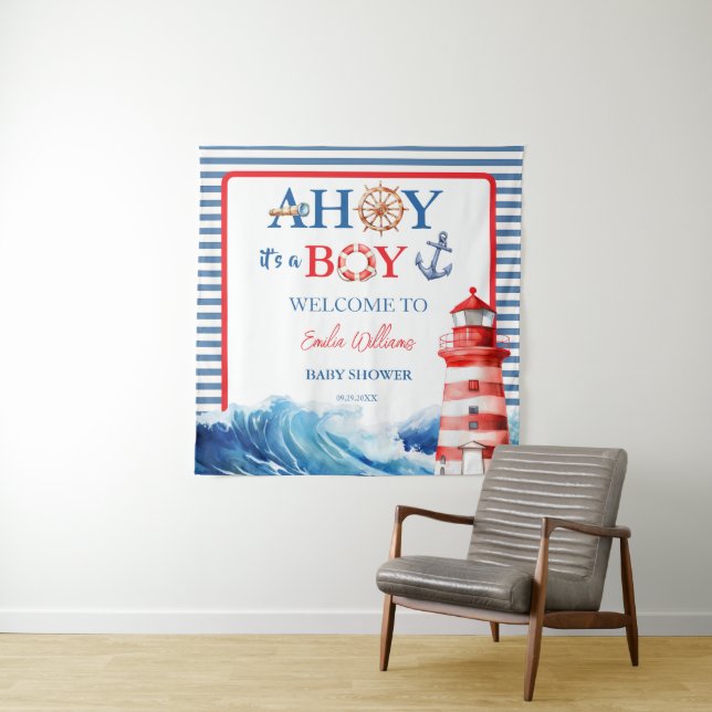 Grand Striped Blue Red Nautical Ahoy Boy  Wandteppich (Beispiel)