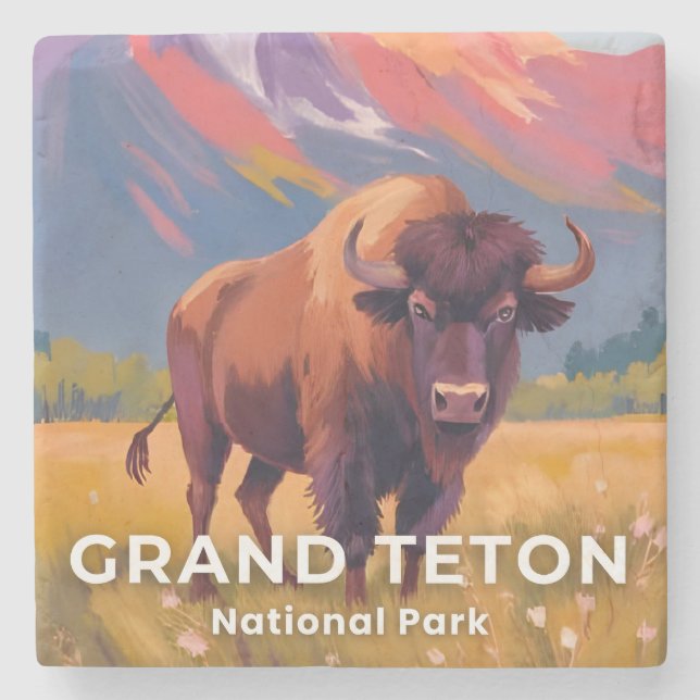 Grand Teton National Park | Bison Travel Art Steinuntersetzer (Vorderseite)