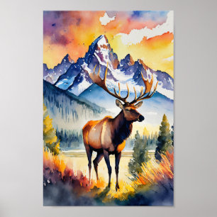 Grand Teton Nationalpark Elk Wyoming Wasserfarbe Poster