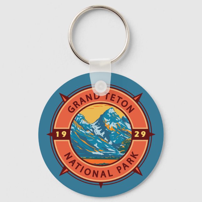 Grand Teton Nationalpark Retro Kompass Emblem Schlüsselanhänger (Vorderseite)