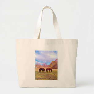 Grand Tote Bag 2 chevaux Brown dans un champ coloré