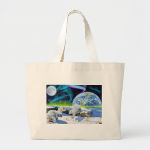 Grand Tote Bag 3 cubes d'ours polaires jouant dans la neige - Art