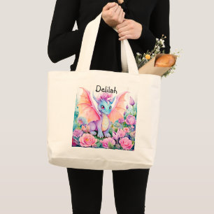 Grand Tote Bag Ajouter un nom - Bébé Dragon Ailes & Fleurs