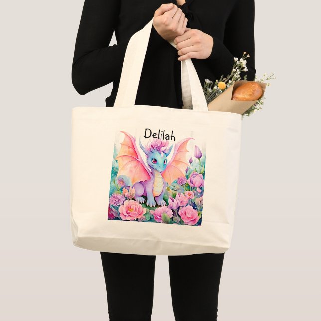 Grand Tote Bag Ajouter un nom - Bébé Dragon Ailes & Fleurs (Devant (produit))