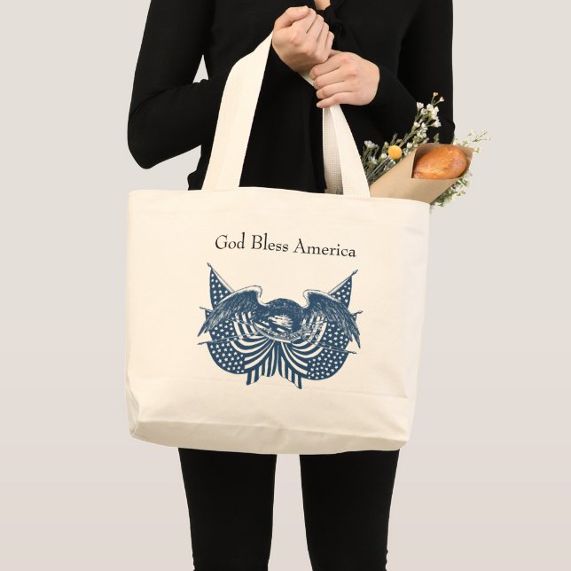 Grand Tote Bag American Eagle Guarding USA Patriotic Flag Banner (Devant (produit))