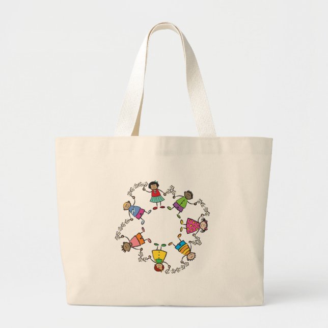 Grand Tote Bag Amis heureux mignons d'enfants de bande dessinée (Devant)