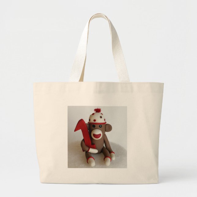 Grand Tote Bag Anniversaire de singe de chaussette premier (Devant)
