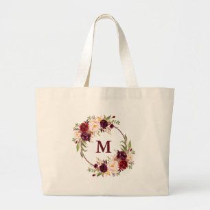 Grand Tote Bag Aquarelle Bourgogne Floral Monogramme de couronne