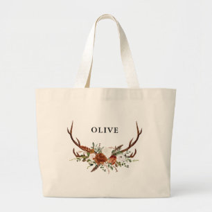 Grand Tote Bag aquarelle cerf floral terracotta moderne élégant