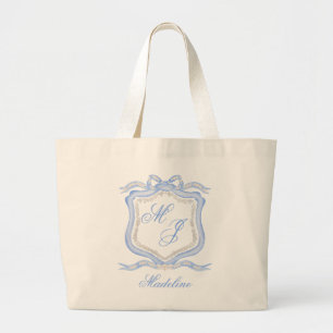 Grand Tote Bag Aquarelle Designer Blue Monogram Crest Mariage