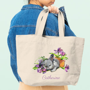 Grand Tote Bag Aquarelle Florale Lapin de Pâques lapin Personnali
