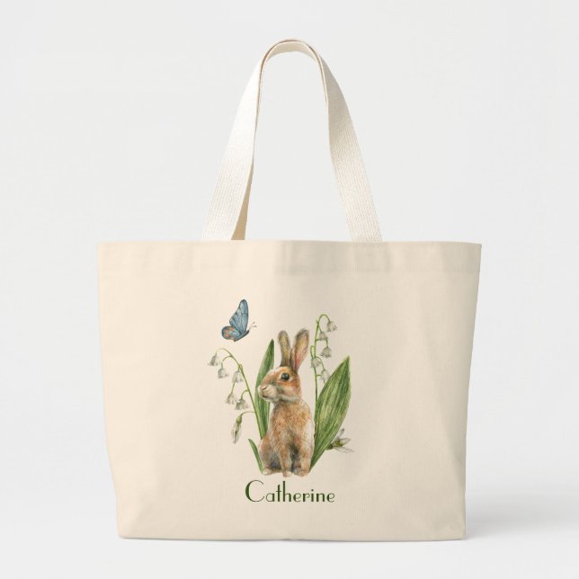 Grand Tote Bag Aquarelle Florale Lapin de Pâques lapin Personnali (Devant)