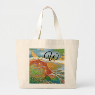 Grand Tote Bag Aquarelle moderne orange et coquillage vert