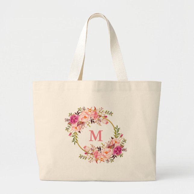 Grand Tote Bag Aquarelle Pink Floral Wreath Monogramme Or (Devant)