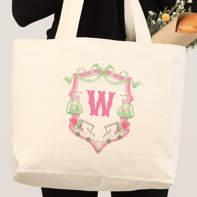 Grand Tote Bag Aquarelle Pink & Green Golf Panier Monogram Crest (Créateur téléchargé)