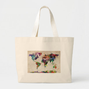 Grand Tote Bag Aquarelle urbaine de carte du monde