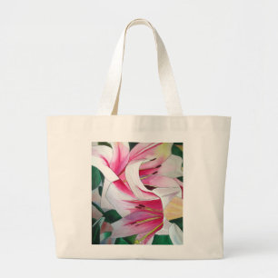 Grand Tote Bag Art de l'aquarelle des fleurs de lys blanches et r