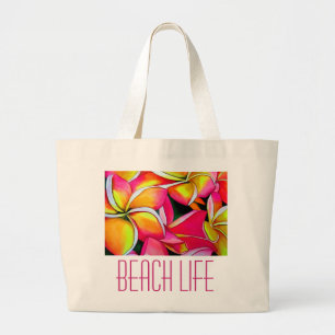 Grand Tote Bag Art de plage de frangipanier plumeria néon rose