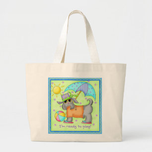 Grand Tote Bag Art fantaisie de chien de plage vert-bleu