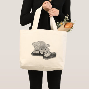 Grand Tote Bag Art noir et blanc de chiot mignon de chien d'arrê