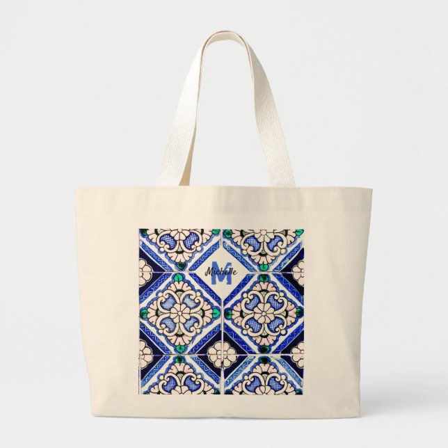 Grand Tote Bag Azulejo Motif espagnol Carreaux marine Monogramme  (Devant)