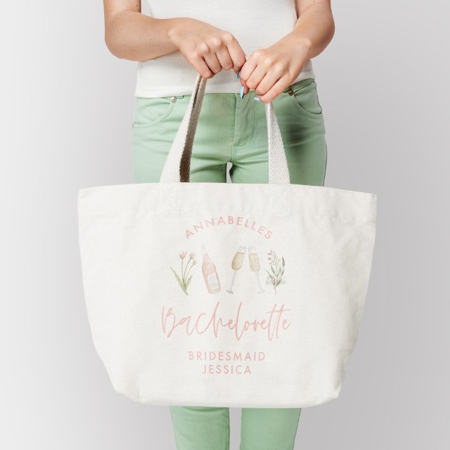 Grand Tote Bag Bachelorette rose girly cocktail floral aquarelle (Créateur téléchargé)