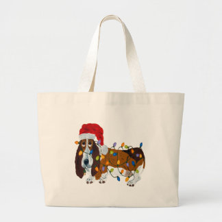 Grand Tote Bag Basset embrouillé dans des lumières de Noël