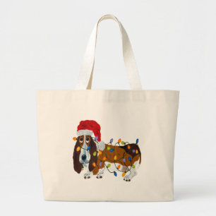 Grand Tote Bag Basset empêtré dans les lumières de Noël