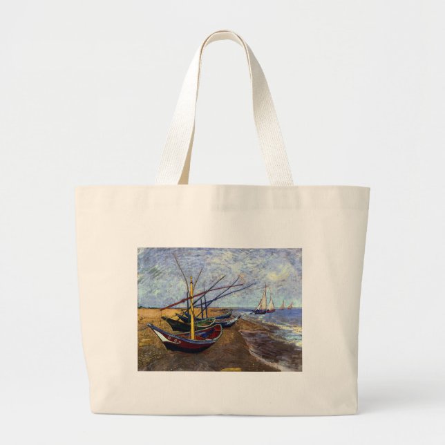 Grand Tote Bag Bateaux de pêche sur la plage (Devant)