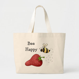 Grand Tote Bag Bee Happy Strawberry Print Art