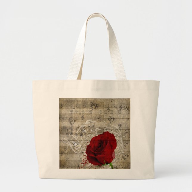 Grand Tote Bag Belle rose rouge notes piano tourbillonné (Devant)