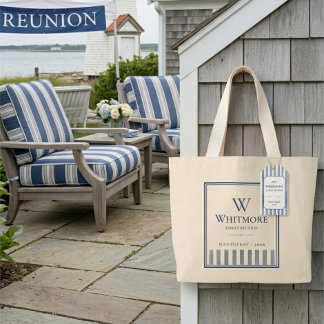 Grand Tote Bag Bienvenue à la réunion de famille à rayures bleues