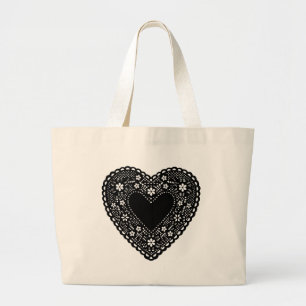 Grand Tote Bag Black Lace Heart