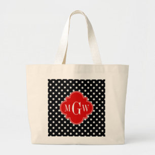 Grand Tote Bag Black White Polka Dots Red Quatrefoil 3 Monogram
