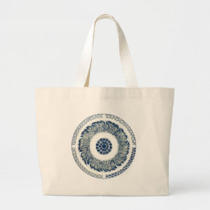 Grand Tote Bag Blanc bleu Floral chinois rond