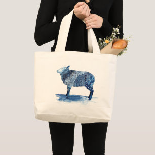 Grand Tote Bag Bleu de cobalt Animaux de ferme - Moutons