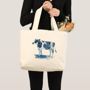 Grand Tote Bag Bleu de cobalt Animaux de ferme - Vache