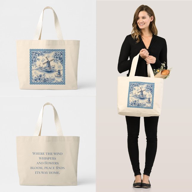 Grand Tote Bag Bleu Delft Windmill Carrelage floral devis frontiè (Dutch delft blue windmill tote bag with quote on back)