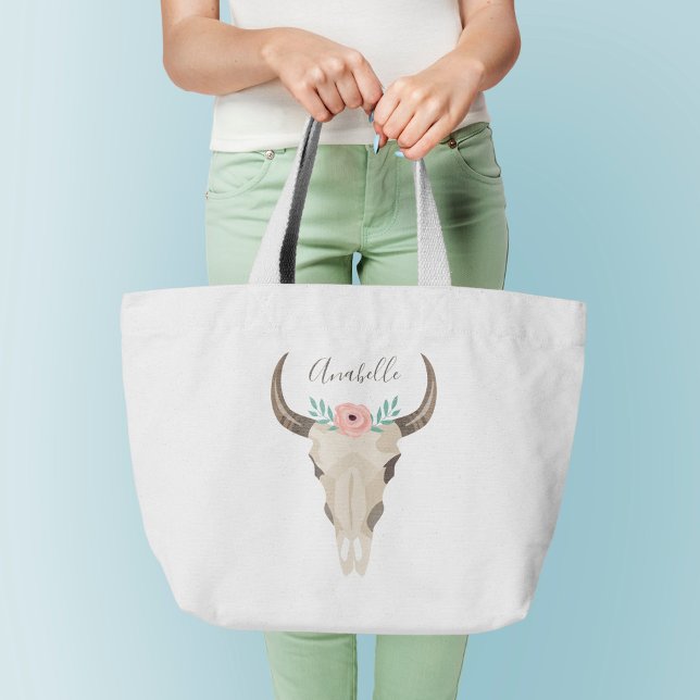 Grand Tote Bag Boho Cow Skull (Créateur téléchargé)
