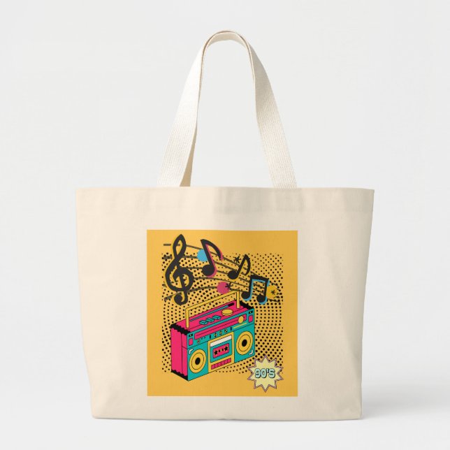 Grand Tote Bag Boombox audio rétro. (Devant)