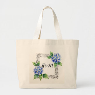 Grand Tote Bag Bordure d'hortensia bleue personnalisée