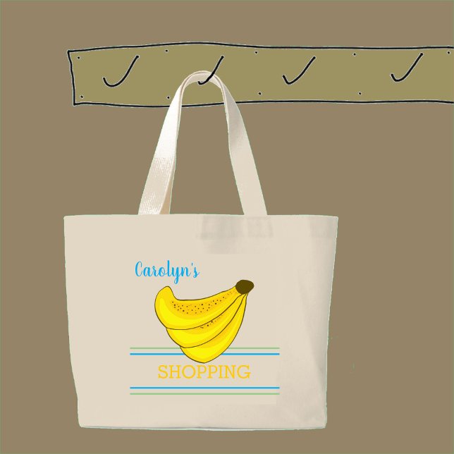 Grand Tote Bag Bouquet de bananes, rayures, ton nom, shopping (Créateur téléchargé)