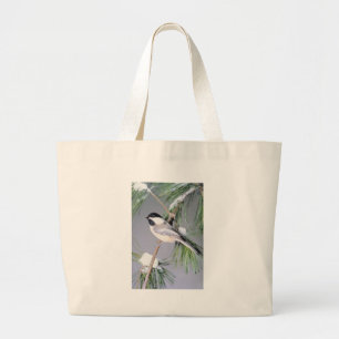 Grand Tote Bag Branche couverte de neige d'oiseaux