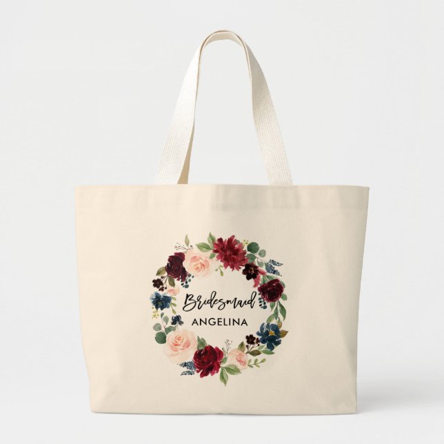 Grand Tote Bag Brush Script Bridesmaid Burgundy Blue Floral (Devant)