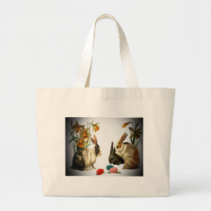 Grand Tote Bag Bunnies Vintages de Pâques regardant les oeufs de 