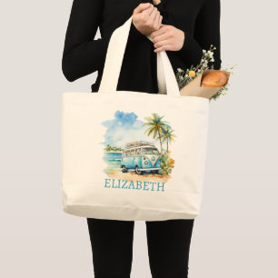 Grand Tote Bag Bus bleu rétro d'île tropicale