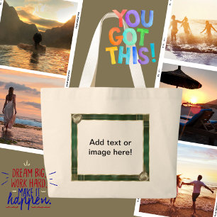 Grand Tote Bag Cadre antique vert Ajoutez votre photo Citation