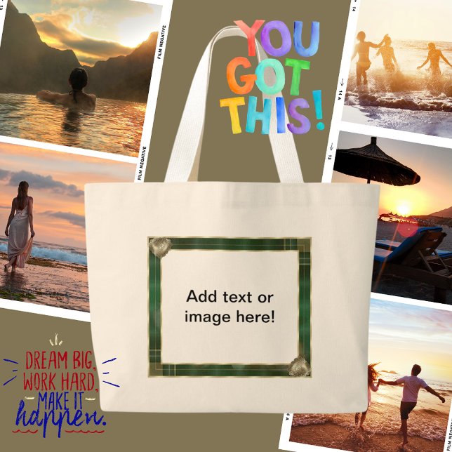 Grand Tote Bag Cadres antiquités verts Ajouter votre devis photo (Green Antique Frame Add Your Photo Here Large Tote Bag)